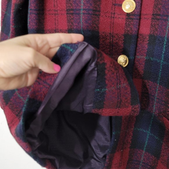 Vintage Oversized Wool Red Plaid Blazer 80's 3/4 sleeve Blazer Gold Buttons - Picture 9 of 16